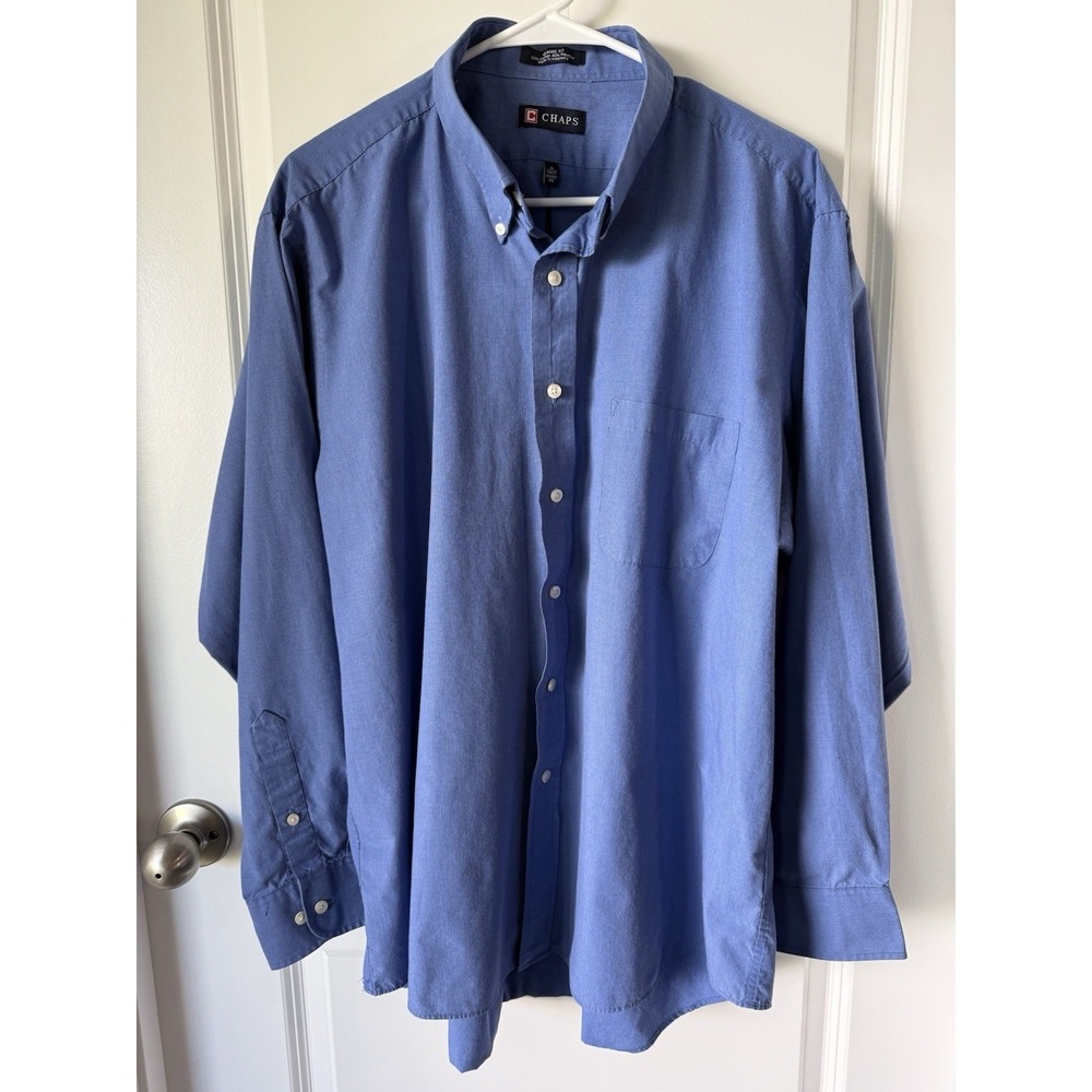 Chaps Men's Button Down Shirt 18 34/35 Blue Micro Check Wrinkle Free Classic XXL